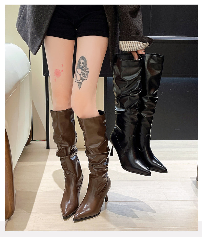 Women New Retro Cool Style Coffee Brown Tall Fashion Boots, Pointed Toe Stiletto High Heels Elegant Slim Fit Dress Boots