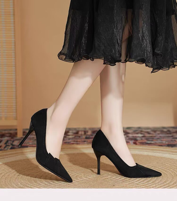 2026 Autumn New French Style High Heels For Women, Pointed Toe Black Pumps, Shallow Mouth Formal Office Career Dress Shoes