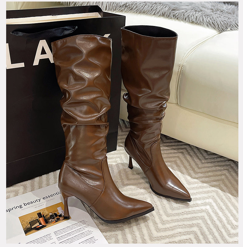 Women New Retro Cool Style Coffee Brown Tall Fashion Boots, Pointed Toe Stiletto High Heels Elegant Slim Fit Dress Boots