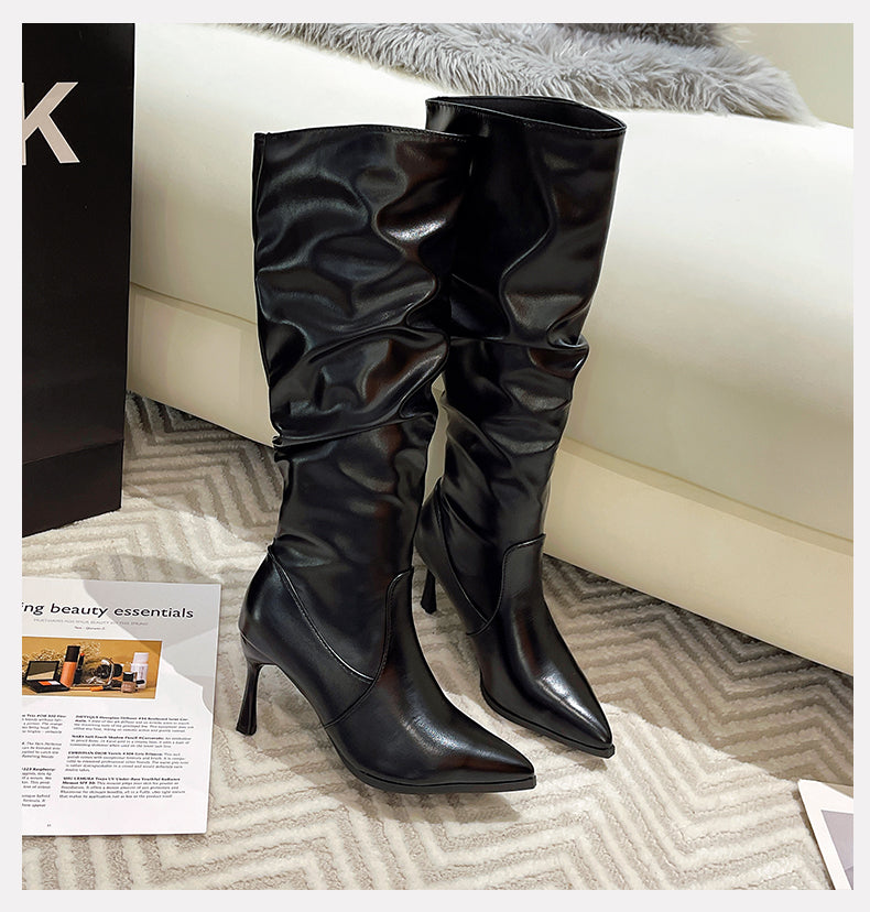 Women New Retro Cool Style Coffee Brown Tall Fashion Boots, Pointed Toe Stiletto High Heels Elegant Slim Fit Dress Boots