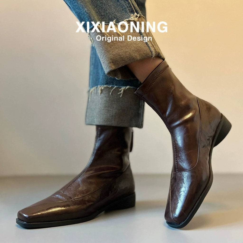 Women French Retro Slim Ankle Boots, Genuine Leather Back Zipper Stretch Boots, Elegant Slimming Block High Heel Short Boots