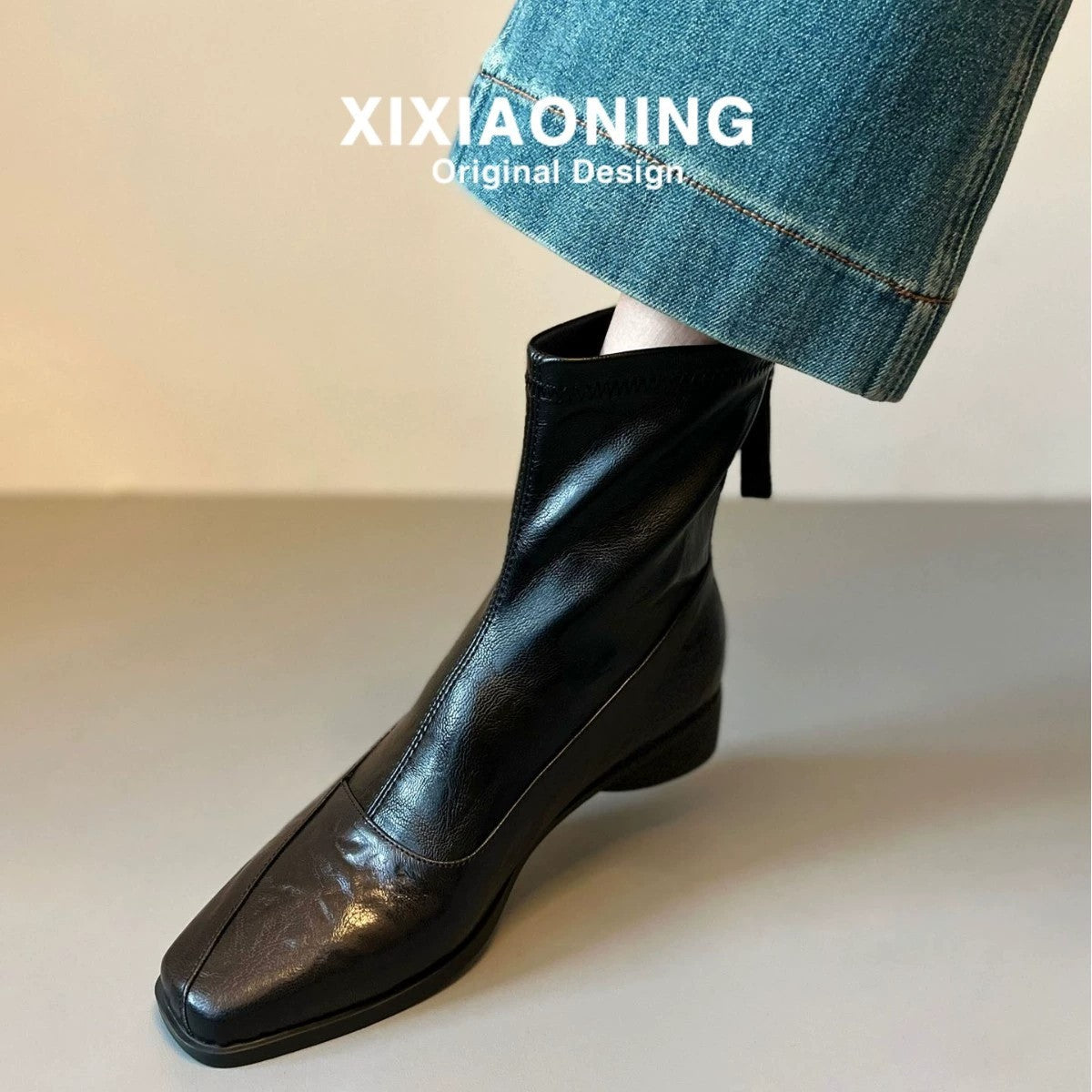 Women French Retro Slim Ankle Boots, Genuine Leather Back Zipper Stretch Boots, Elegant Slimming Block High Heel Short Boots