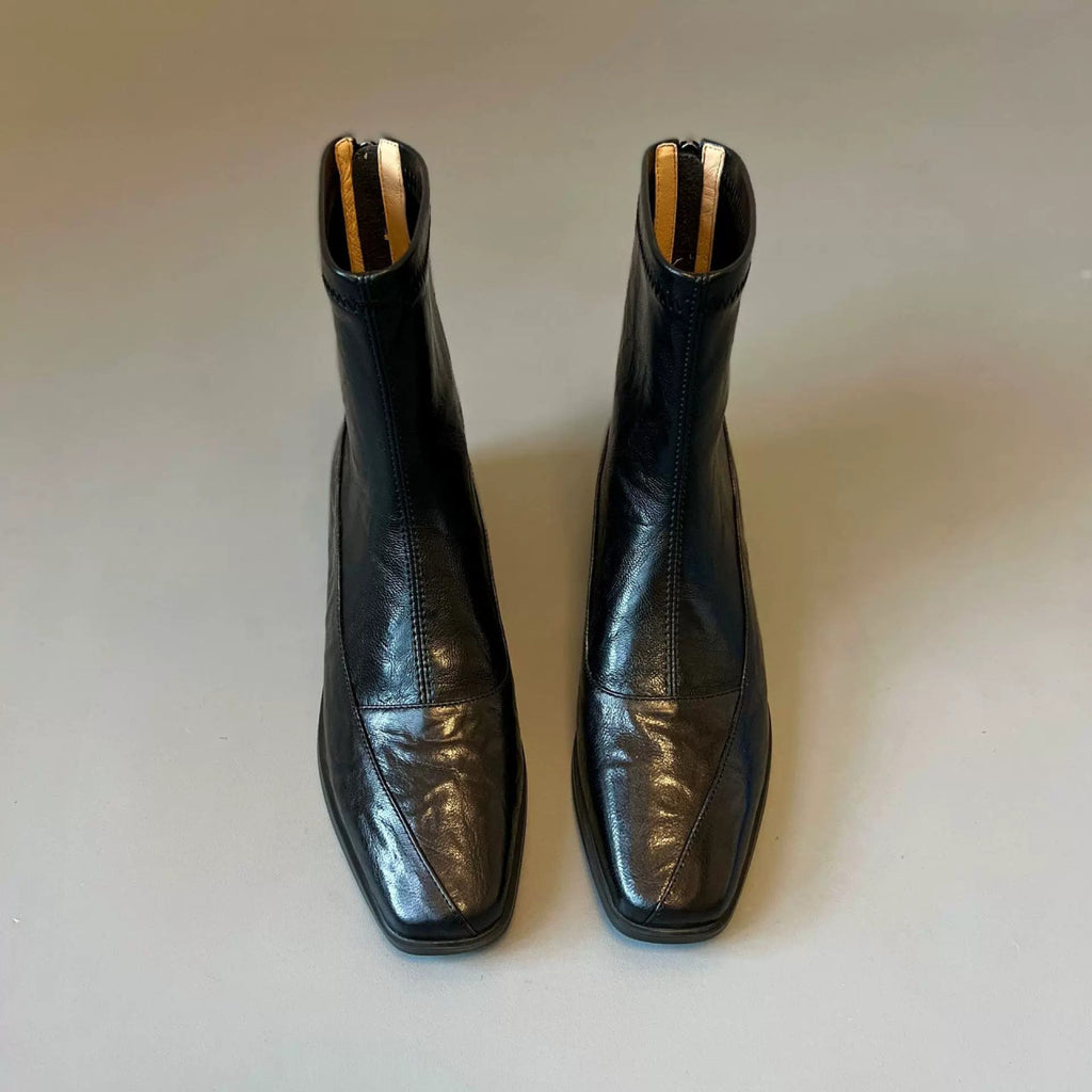 Women French Retro Slim Ankle Boots, Genuine Leather Back Zipper Stretch Boots, Elegant Slimming Block High Heel Short Boots
