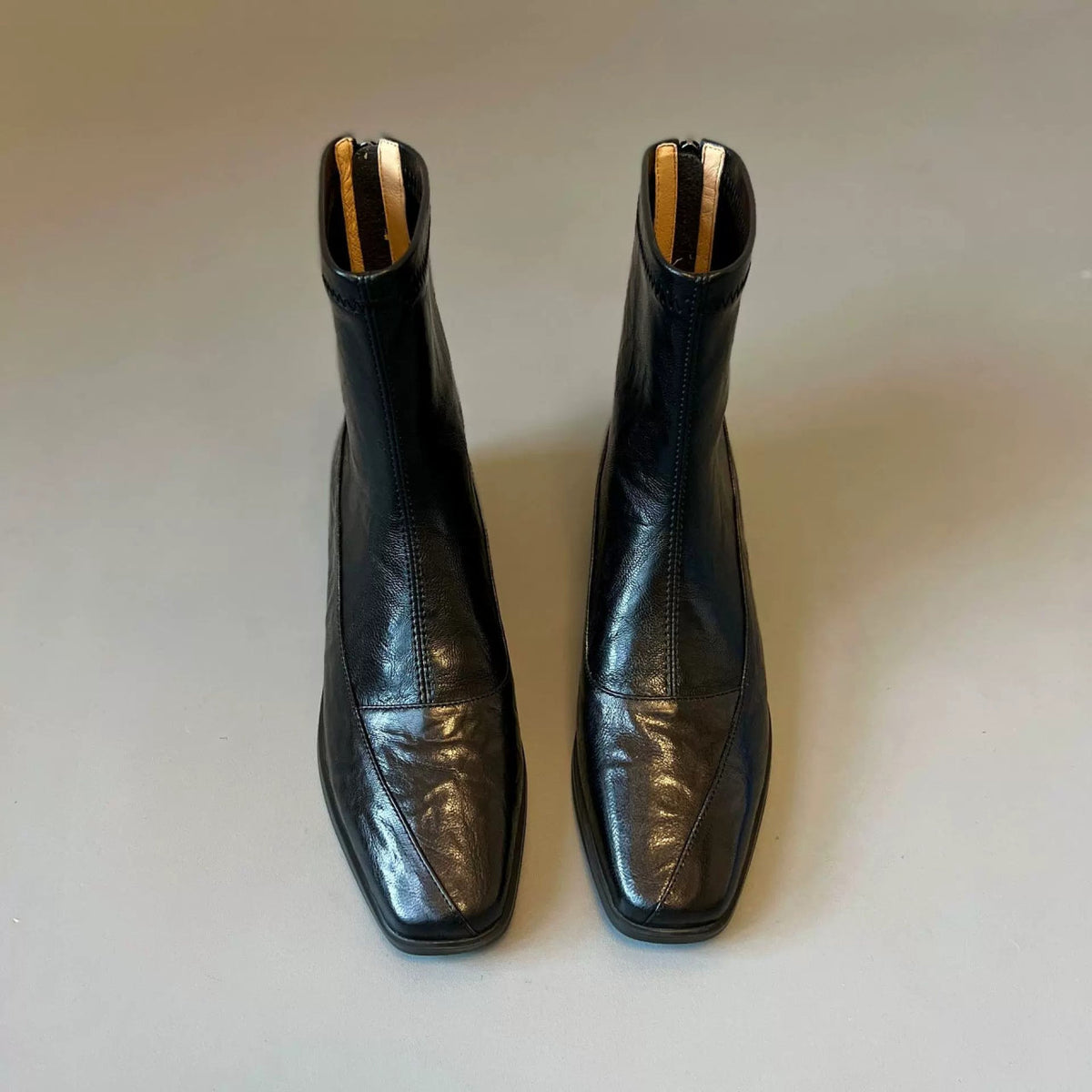 Women French Retro Slim Ankle Boots, Genuine Leather Back Zipper Stretch Boots, Elegant Slimming Block High Heel Short Boots