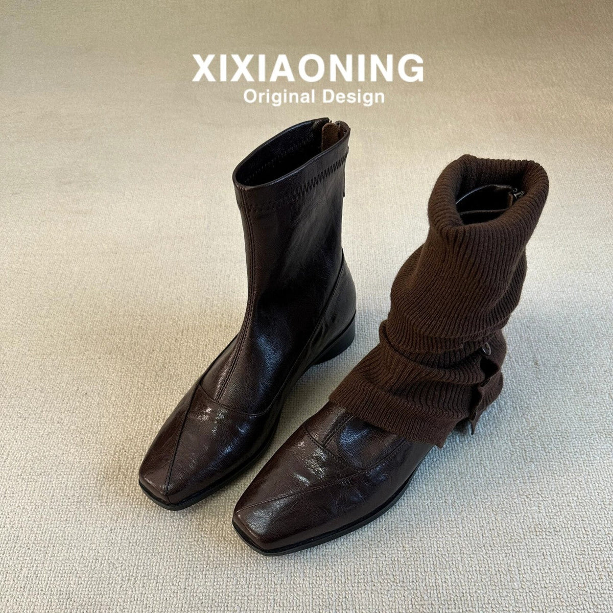 Women French Retro Slim Ankle Boots, Genuine Leather Back Zipper Stretch Boots, Elegant Slimming Block High Heel Short Boots