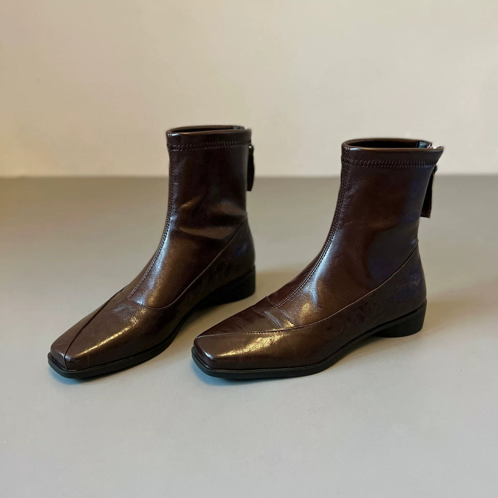 Women French Retro Slim Ankle Boots, Genuine Leather Back Zipper Stretch Boots, Elegant Slimming Block High Heel Short Boots